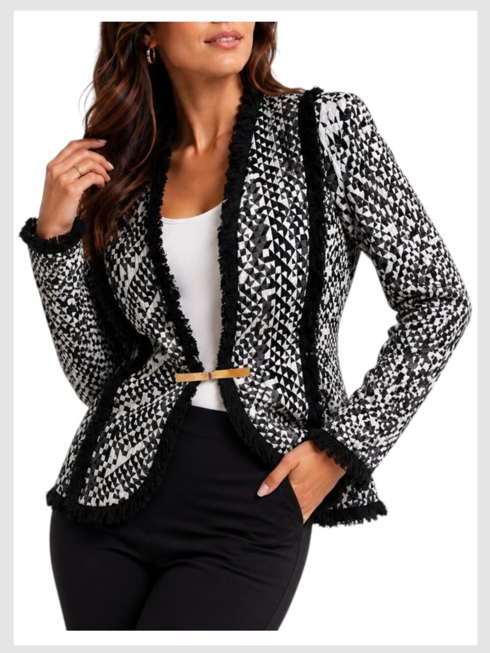 Joseph Ribkoff Blazer Black White Geometric Fringe Trim Size 8
